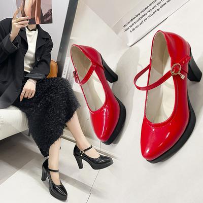 Туфли-лодочки на высоком каблуке и платформе, Mujer, весенняя новая модная однотонная черная обувь с пряжкой, женская непромокаемая обувь из искусственной кожи