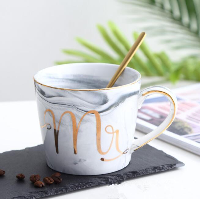 Hi European Gold Stamping Mark Loving Cup of Coffee Sir MS Letter Men Women Ceramic Mugs Marble Cup