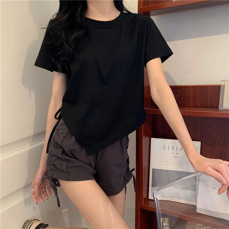 Women's Summer Irregular Drawstring Short T Shirt Student Round Neck Short Sleeve Design Casual Top