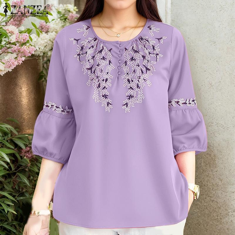 Neck Round Casual Women Zanzea Long Sleeve Loose Print Blouse