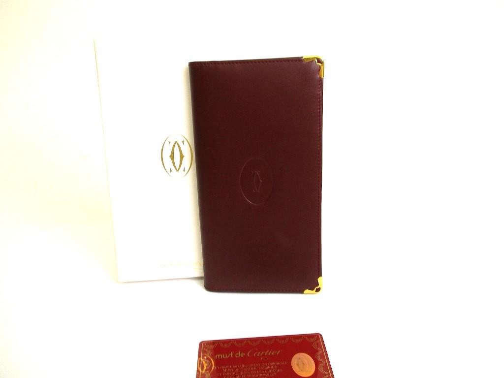 Оригинальный мужской кошелек-портмоне Cartier Must de Cartier из бордовой кожи с клапаном #a773 Отреставрированный