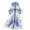 Весенне-осеннее женское платье Palace Extension Celadon Printed Воротник однобортное элегантное платье цвета темперамента
