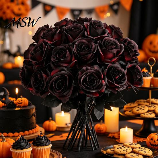 Centerpiece Floral Decor Realistic Silk Black Roses with Long Stems for Wedding Centerpieces, Halloween Home Decor, Artificial Faux Arrangements