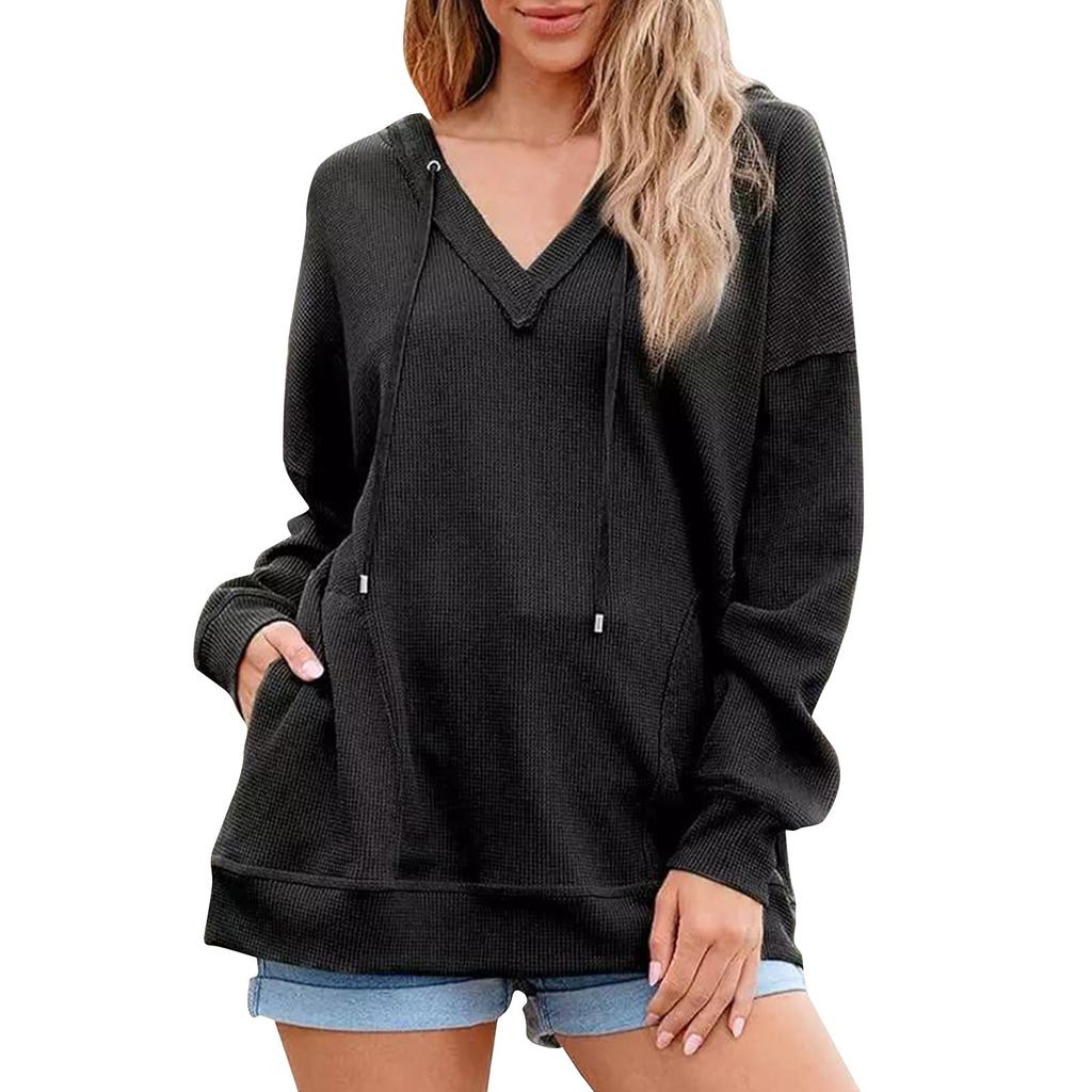 Женская повседневная модная однотонная толстовка с капюшоном и V-образным вырезом с длинным рукавом