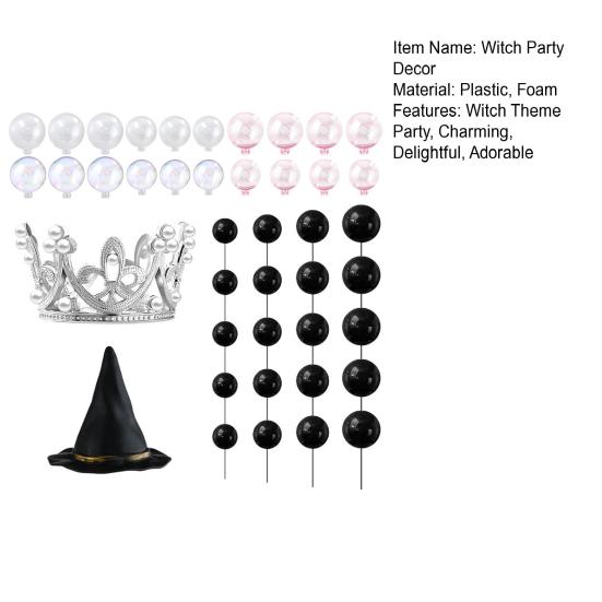 42Pcs Witch Theme Party Supplies Mini Balloons Cake Topper Fantasy Balls Silver Crown Black Witch Hat Set for Birthday Party
