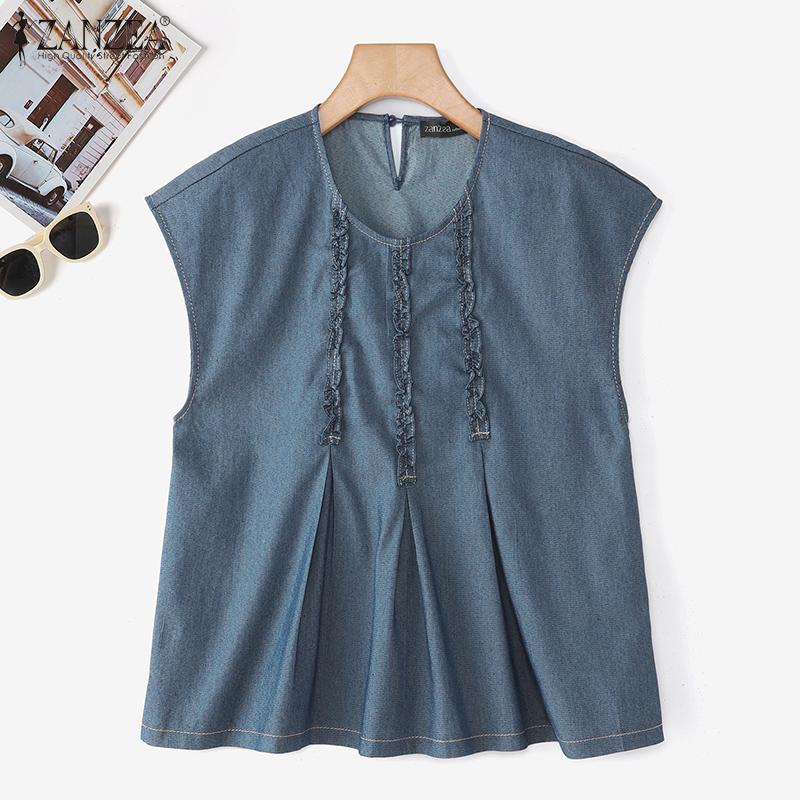 ZANZEA Женская повседневная свободная блузка с коротким рукавом и круглым вырезом