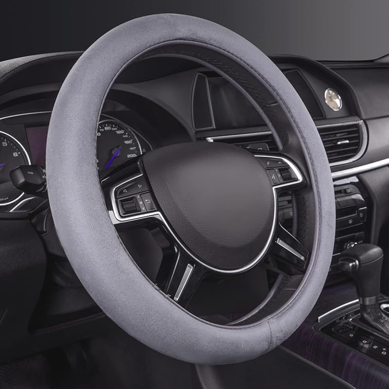 CAR PASS Car Steering Wheel Cover,14.5-15 Inch Gray Faux Suede Universal Memory Foam Auto Steering Wheel Covers Breathable Anti-Slip Odorless