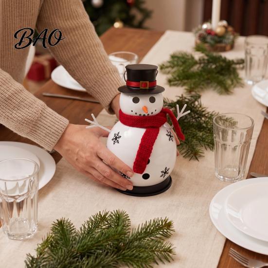 Small Metal Candle Vessel Christmas Snowman Holder, Decorative Candlestick Ornament with Top Indoor Festive Atmosphere Light Hat And Scarf for