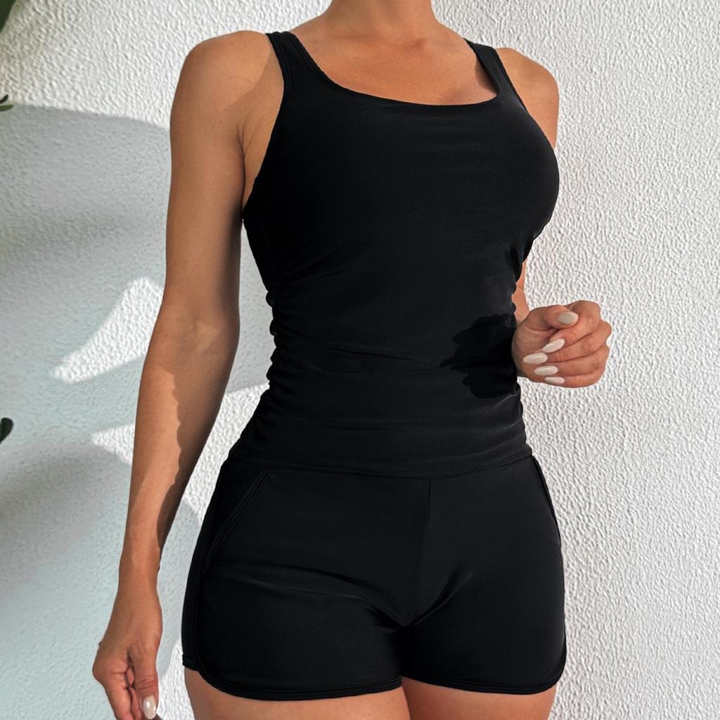 2025 Женский однотонный танкини с U-образным вырезом, шортиками и высокой талией