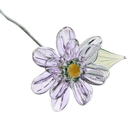 Hand-Blown Glass Flower Decoration with Wire Stem Handmade Colored Glaze Floral Figurine Home Living Room Office Table Flower Vase Ornament