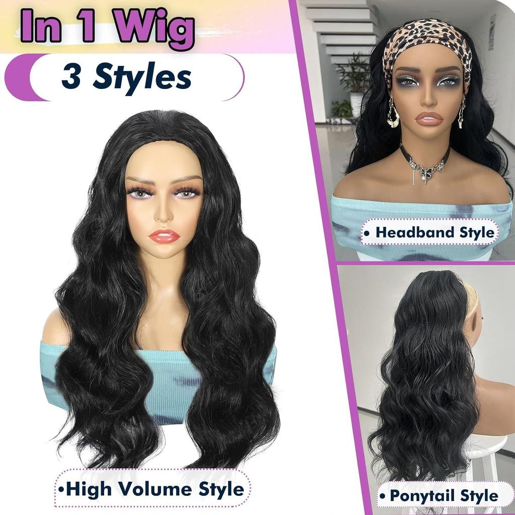 24 Inch Body Wave Long Curly 3 in 1 Synthetic Half Hair Wig Fiber Hair Drawstring Ponytail High Temperature Fiber Half Hair Wigs