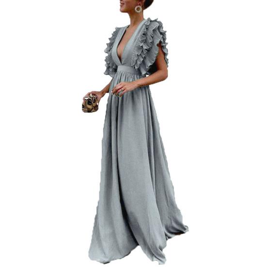 Women Prom Dress Flying Sleeve Ruffles Low-cut Deep V Neck Pleated Dress Up Floor Length High Waist Evening Dress Cocktail Dance Clothes