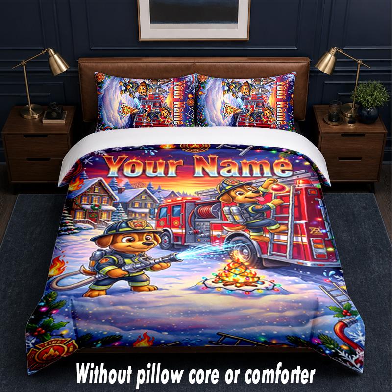 Fire Truck Theme Custom Text Or Name 3Pcs Bedding Set,1 Flat Sheet & 2 Pillowcases Personalized Home Bedding
