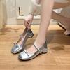 Spot Sweet Leather Silver Bow Light Mouth Single Shoes Women's Thick Heel Round Head French Retro Ballet Mary Jane Shoes
