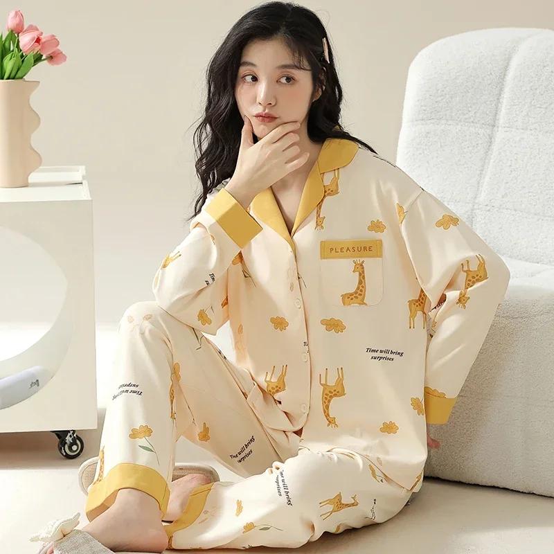 Осенне-зимняя хлопковая пижама для женщин, с длинными рукавами, женская одежда для сна, кардиган, пижамы с V-образным вырезом, японская женская домашняя одежда