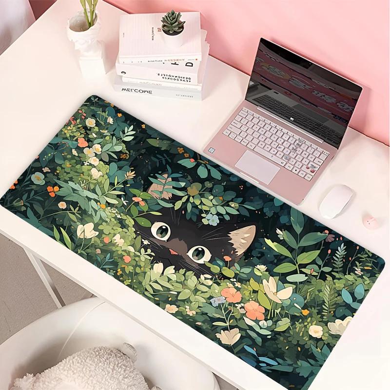 Clouds Black Cat Mouse Pad PC Green Plants Flower Gaming Keyboard Rug Laptop Kawaii Anime Gamer Cabint Mousepad XL Cute Desk Mat