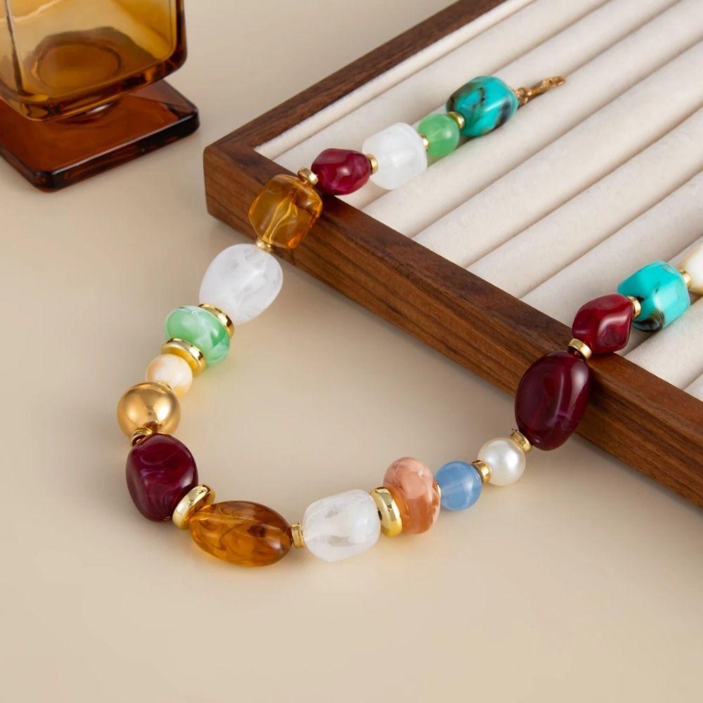 Bead Colorful Resin Necklace Vintage Clavicle Chain Creative Beads Short Choker  Gift