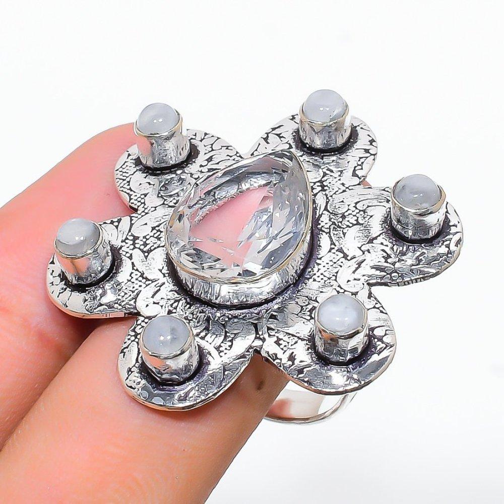 Натуральный Радужный Лунный Камень, Топаз Драгоценный Камень Кольцо из Стерлингового Серебра 925 пробы Размер 8 V4a42