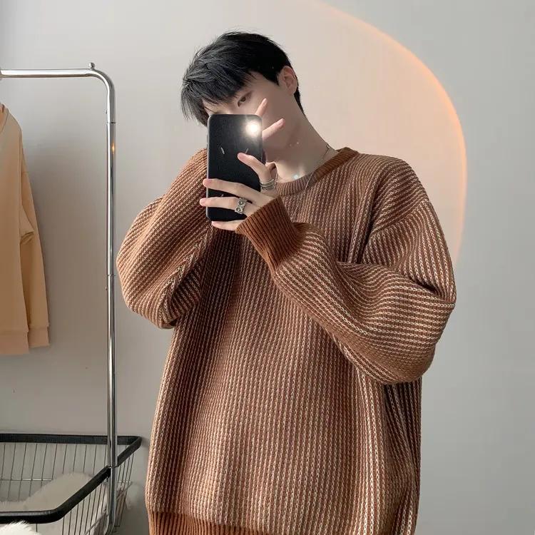 Striped Round Neck Sweater Men's Autumn and Winter Thick Sweater Loose Warm and Comfortable