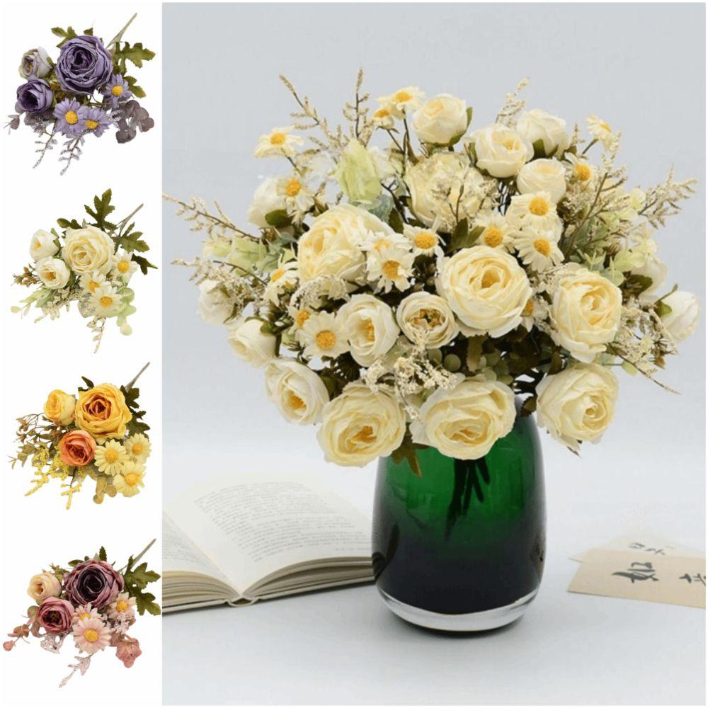 Multicolor Simulation Rose Flower Green Leaves Faux Floral Bouquet Fake Flower Bride Bouquet