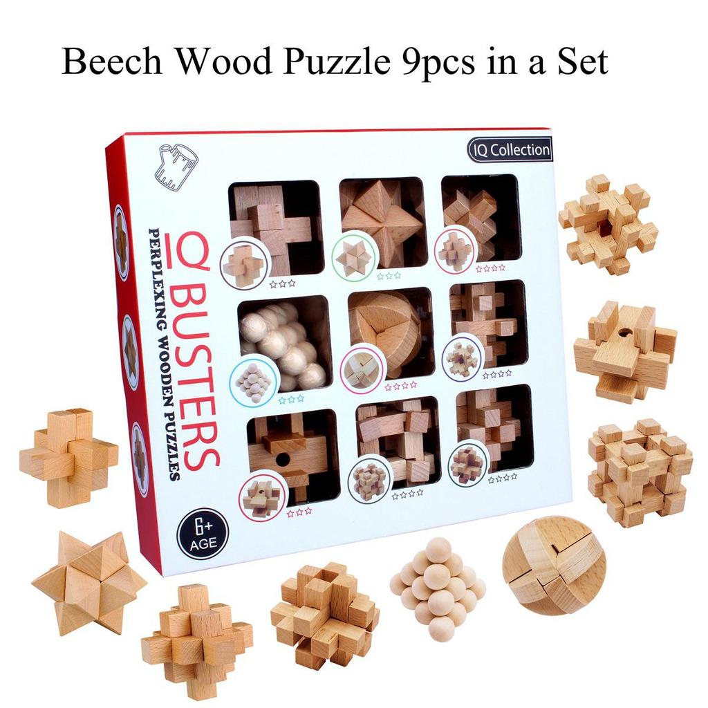 Wooden Kongming Lock 9-Piece Set: Educational Luban Puzzle Toys for Kids and Students