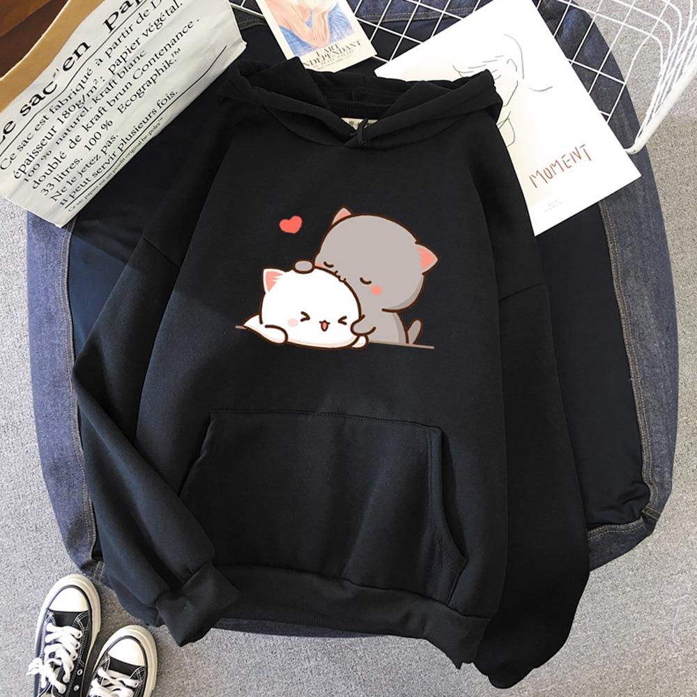 Peach Cat Kawaii Print Women Hoodie Casual Oversized Pullover Popular Streetwear Fashion Sweatshirt Couple Clothing