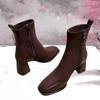 Thick High Heel Short Boots Autumn Winter New Popular Square Headed Suede Ankle Boots for Women Black Brown Elastic Heeled Boots