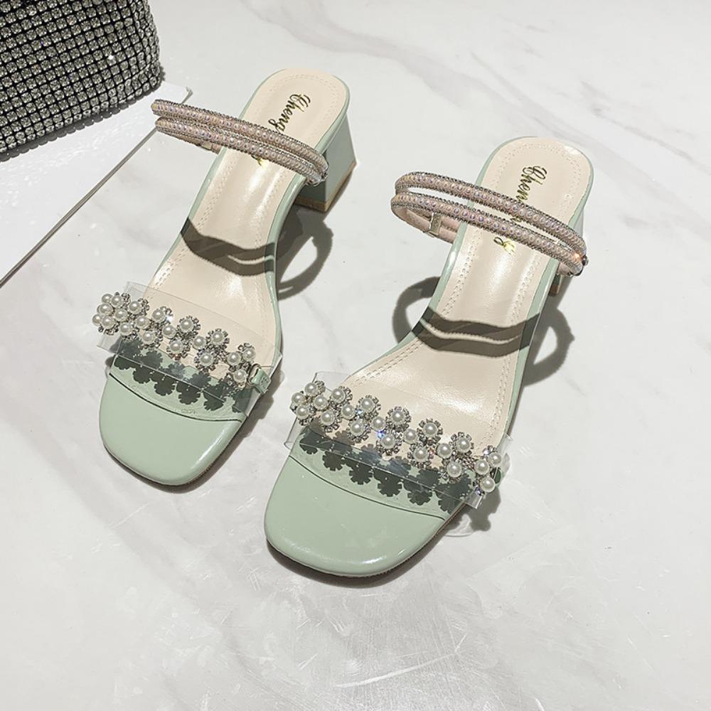 Crystal Pearl Two-Way Chunky Heel Sandals Summer Square Toe Low-Cut Women's Slippers High Heel Sandals