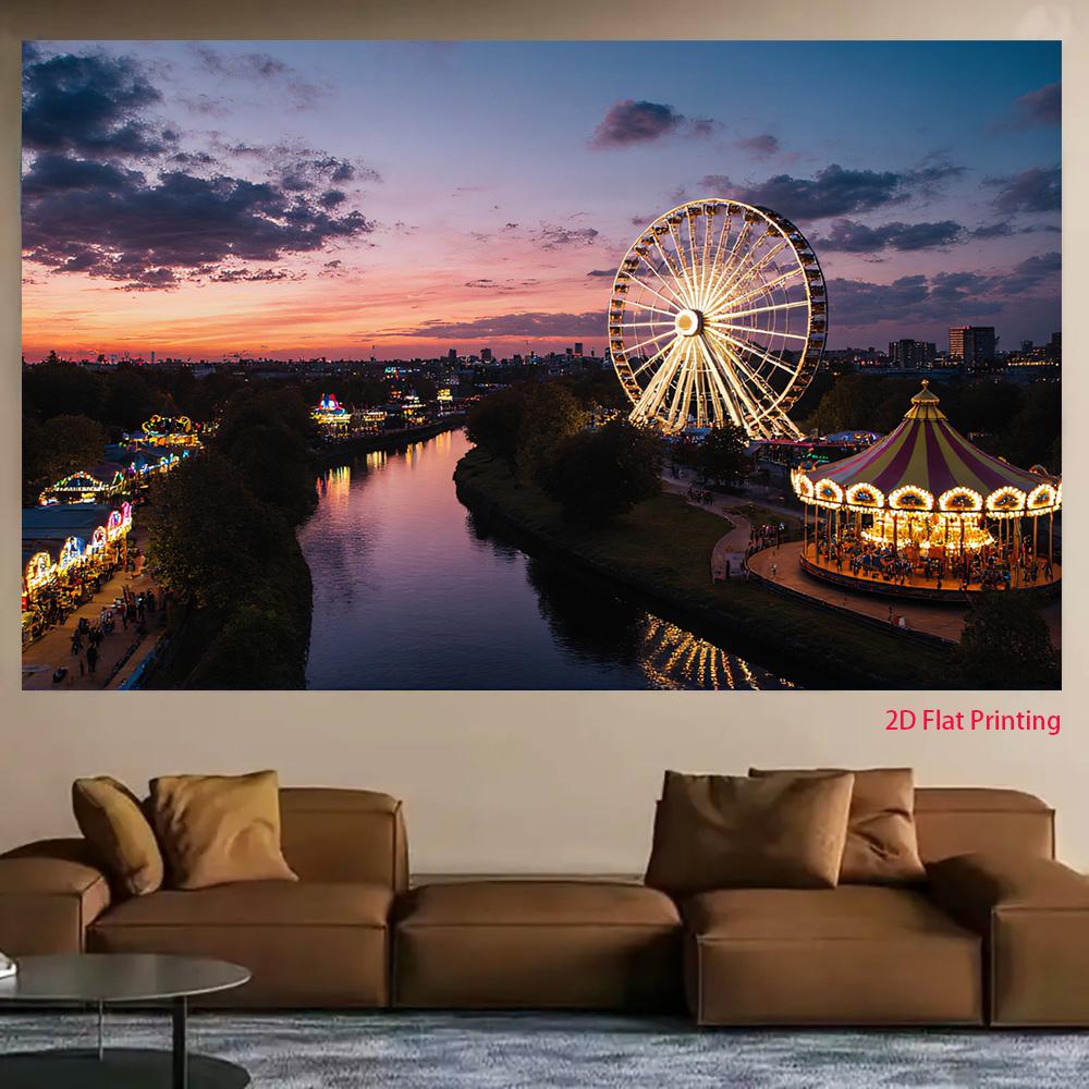2D plane, 1 entertainment park landscape, feature is a large Ferris wheel