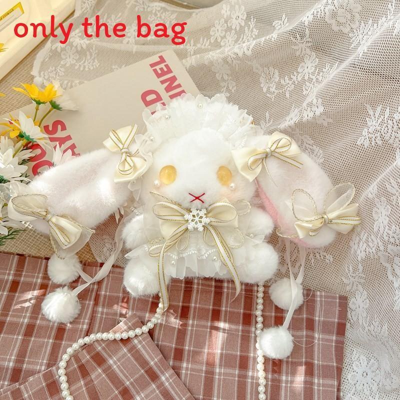Plush Rabbit Lolita Shoulder Bag With Lace Bow Design And Faux Pearl Shoulder Strap For Daily Use