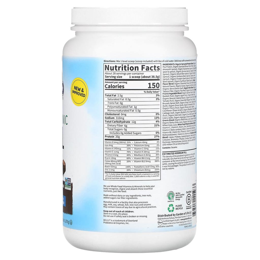 Garden of Life Raw Organic Raw Food, Shakes & Meal Replacements, Chocolate Cacao, 2 Lb 4 Oz (1,017 G)