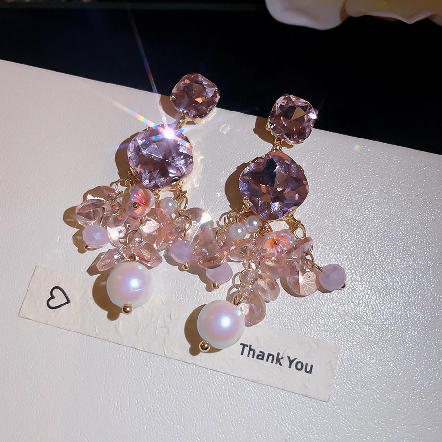 Silver Needle Dopamine Rhinestone Glass Pearl Resin Fringed Stud Earrings Ins Premium Sweet Niche Earrings