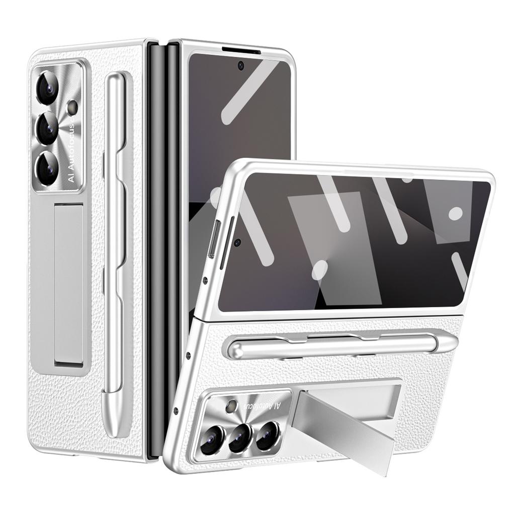 For Samsung Galaxy Z Fold7 5G Case Kickstand Leather+PC Hard Phone Cover with Screen Film and Stylus