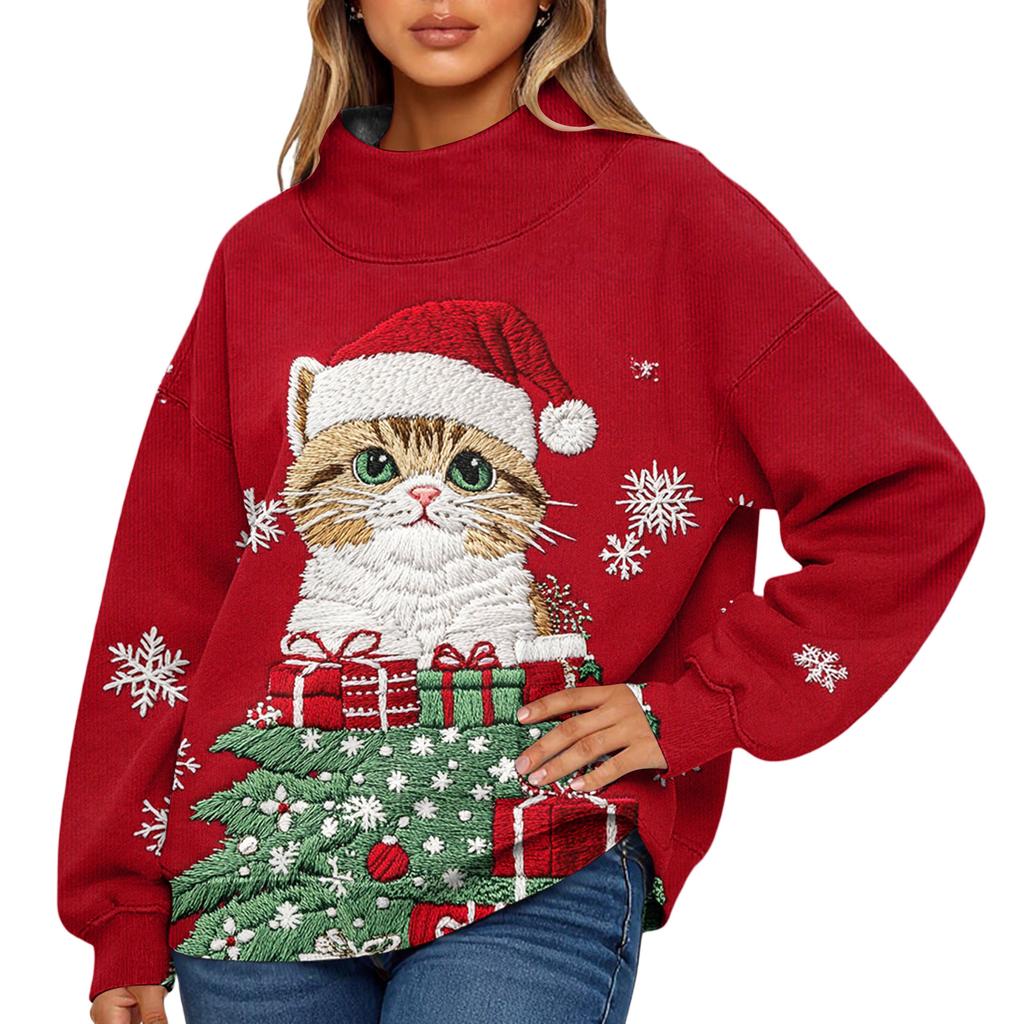 Ladies' Fashionable Christmas Printed Long Sleeved High Neck Sweatshirt Top
