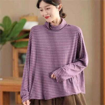 Модная повседневная футболка в винтажном стиле с широкими полосками и высоким воротом, женская зимняя футболка с длинными рукавами