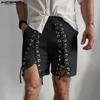 Men Elastic Waist Bandage Side Solid Casual Shorts Lace Up Pants