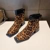 Женские ботильоны с квадратным носком и леопардовым принтом, модные замшевые туфли на среднем каблуке, женский бренд 2025 года, трендовая вечеринка, элегантные массивные туфли Botas Mujer