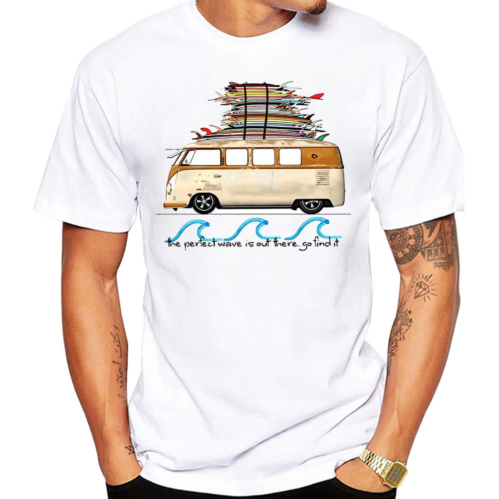 Rotre Beach Scene Cars Tattoo Men T Shirt Vintage Beach Bus Surf Sport Cloth Retro Surfing Board Tops Hipster Boy Tees