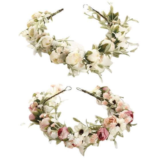 Головной убор с цветочной короной для женщин и девочек, головной убор с гирляндой из зеленых листьев, эластичный дизайн, головной убор с короной, аксессуары для волос