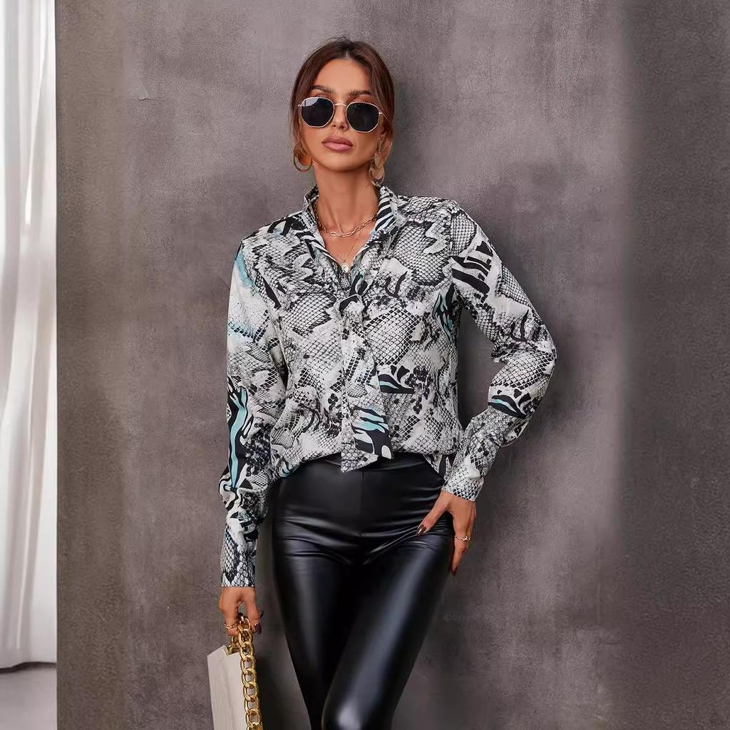 European & American Style Women's Autumn Print Tie Single-Breasted Long-Sleeve Shirt