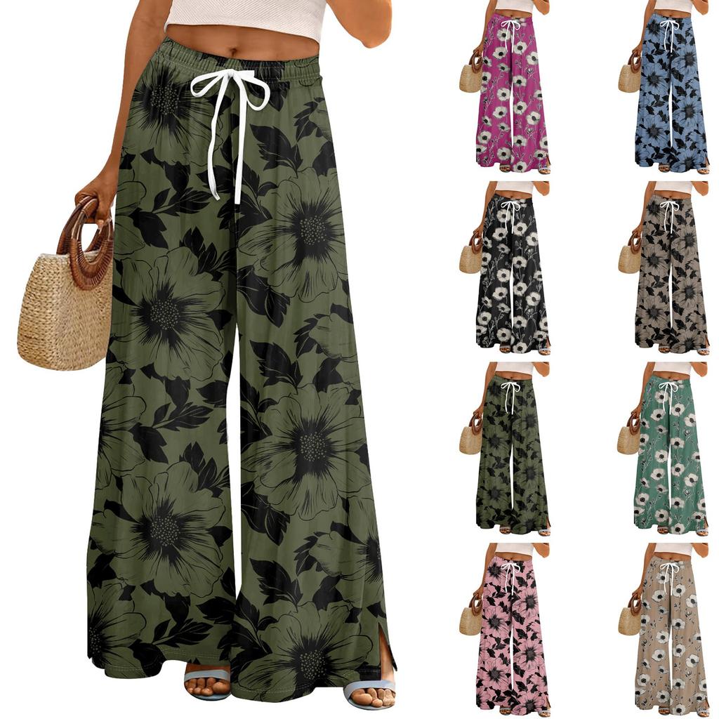 Women's Loose Casual Floral Print Wide Leg Pants With Elastic Waist Drawstring And Pocket Pants