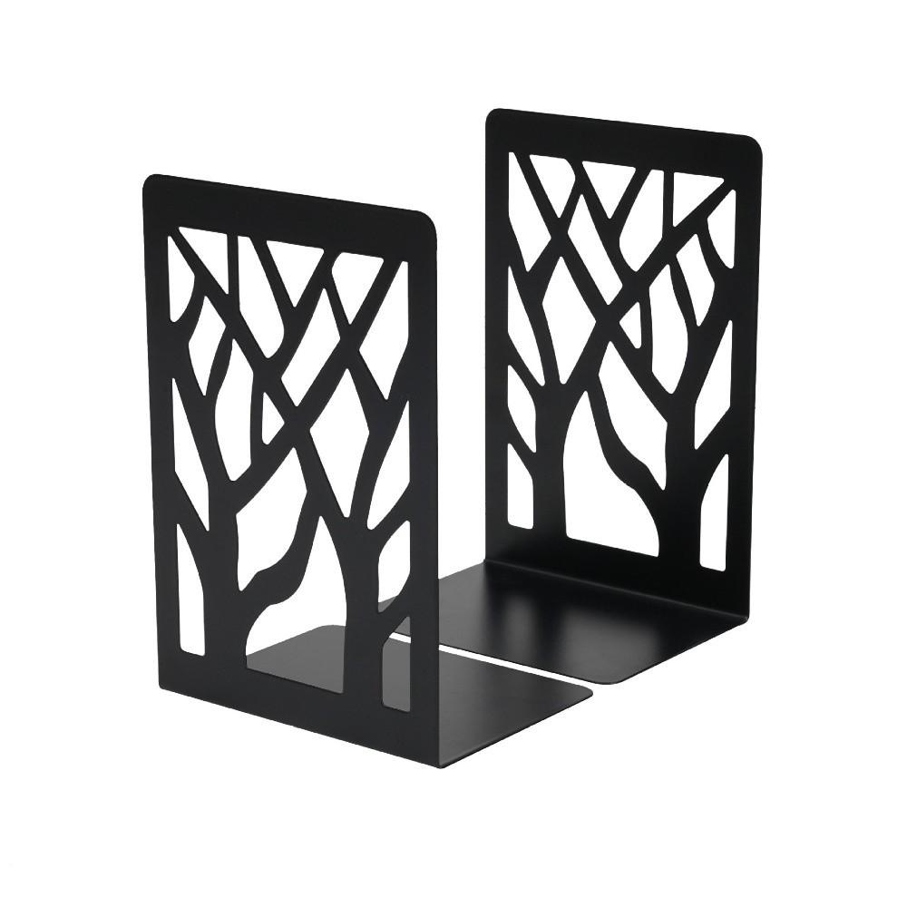 2Pcs Hollow Tree Pattern Metal Bookends T-Shape Book Stopper Desktop Bookshelf Organizer Gift