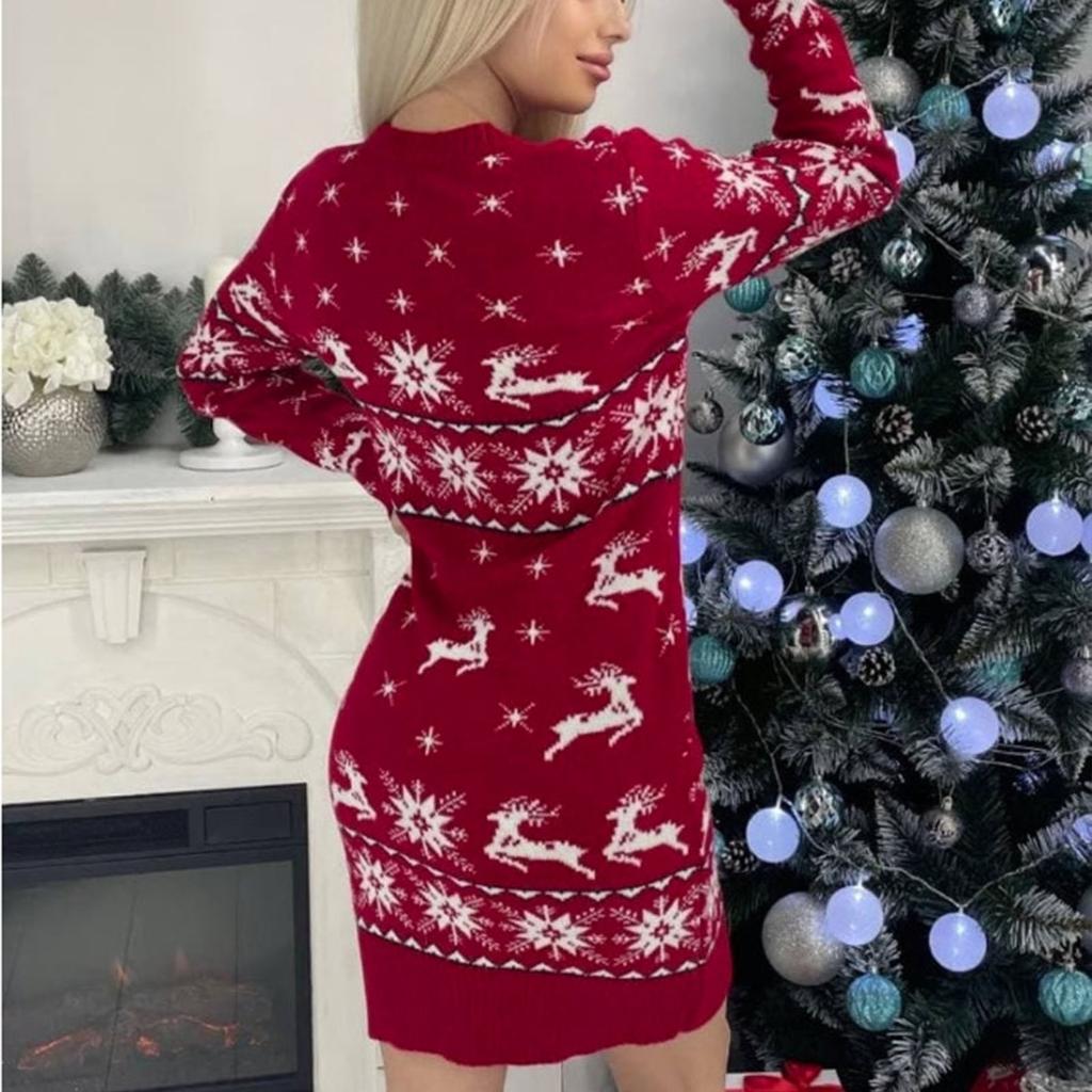 (Great home)Women's Autumn And Winter Slim Elk Christmas Tree Long-sleeved Dress