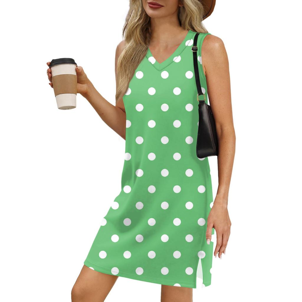 Женский летний повседневный сарафан без рукавов с принтом в горошек с V-образным вырезом для пляжного отдыха