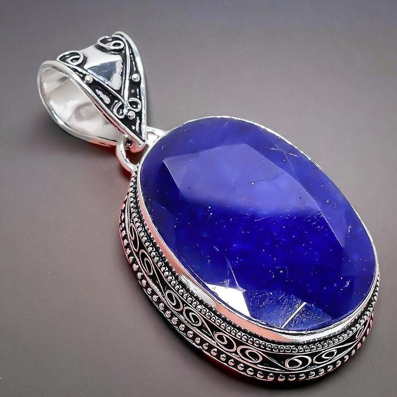 Сапфир(Смоделированный) Подвеска из серебра 925 пробы с драгоценными камнями ручной работы 2,17 дюйма AH-857