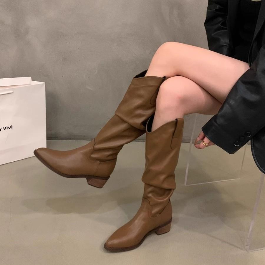 Vintage Brown V-mouth Stack Medium Tube Boots Women's Shoes 2025 Spring and Autumn Winter Pointed Western Cowboy Boots