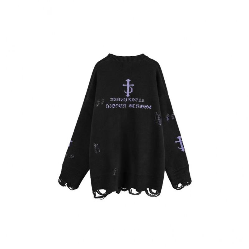 Unisex Streetwear Knit Sweater With Distressed Holes Loose Fit Long Sleeve Round Neck Pullover Winter