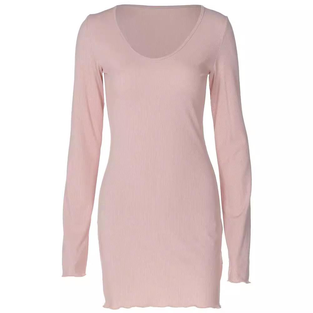 Стиль Женское Летнее Новое Однотонное В рубчик Модное Платье с Длинным Рукавом и Талией