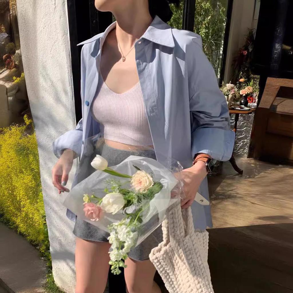 Женская свободная синяя рубашка в стиле хип-хоп с длинным рукавом в корейском стиле — повседневный, ленивый стиль для весны и осени