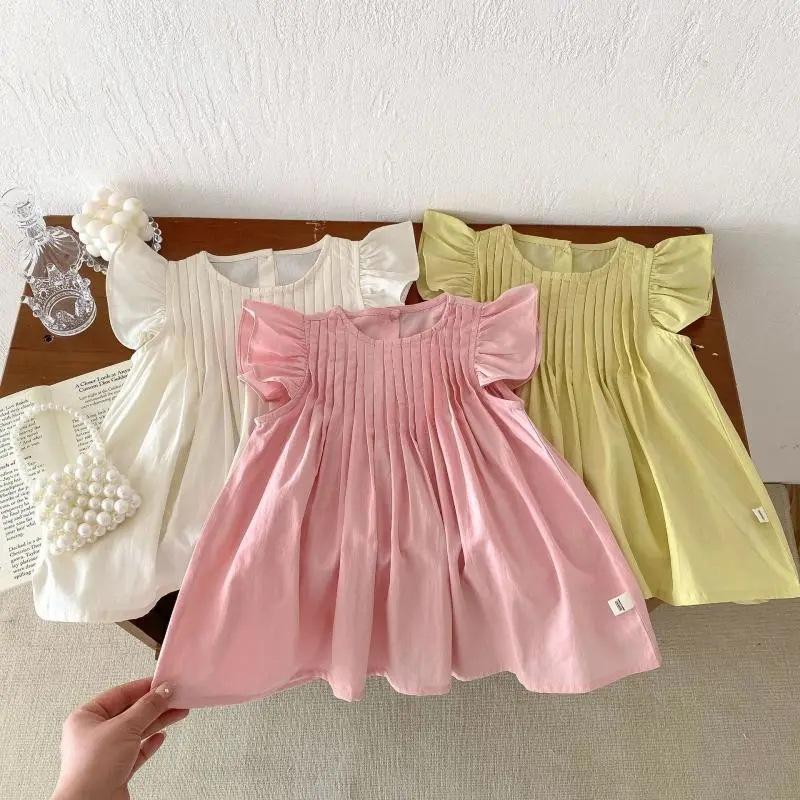 Платье принцессы для девочек, лето 2024, детская одежда, однотонные модные платья, детские хлопковые платья